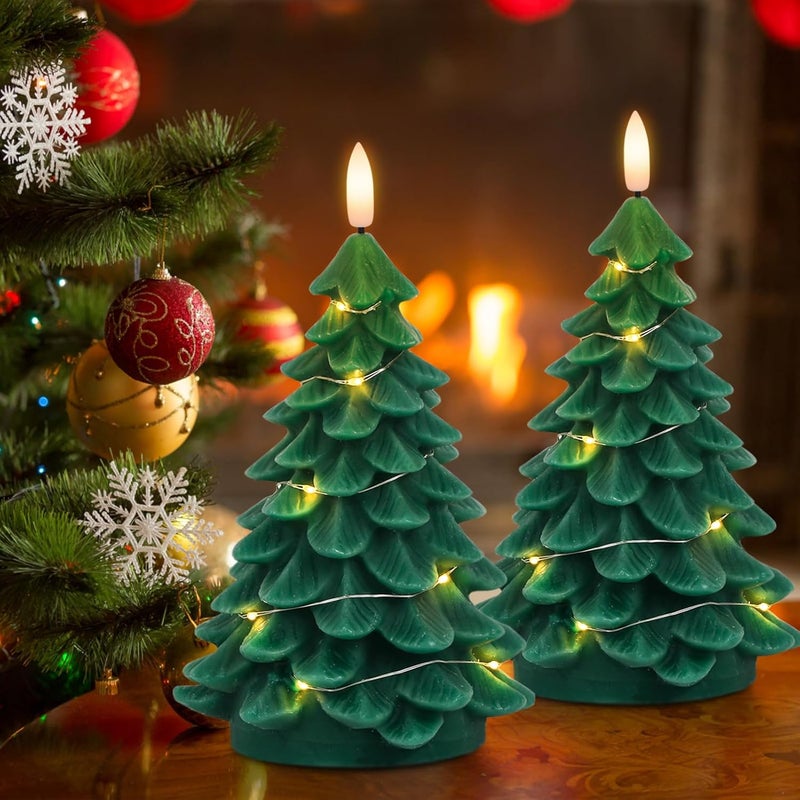 DRomance Christmas Tree Flameless Candles String Lights with 11-Key Remote and Timer, 2 Pack Green Real Wax Battery Operated 3D Wick LED Flickering Candles Dinner Holiday Indoor Decor(3" x 7.1") - Image 4